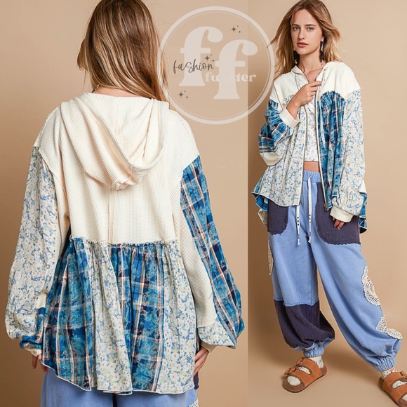 POL Blue Boho Mixed Print Floral Plaid Thermal Knit Zip Up Jacket Hoodie - Picture 2 of 3